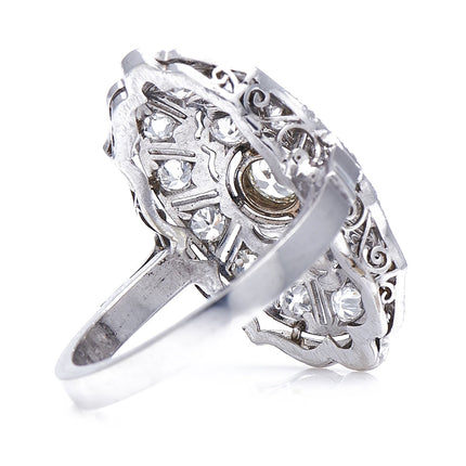 Antique Edwardian, German, 585 White Gold, Platinum, Diamond Cluster Ring