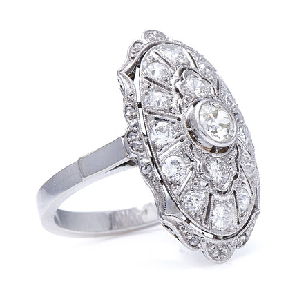 Antique Edwardian, German, 585 White Gold, Platinum, Diamond Cluster Ring