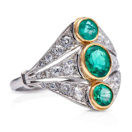 Antique Rings Art Deco, French, Platinum, Emerald and Diamond Ring