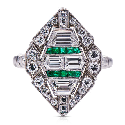 Art Deco, 18ct White Gold, Emerald and Diamond Cluster Ring