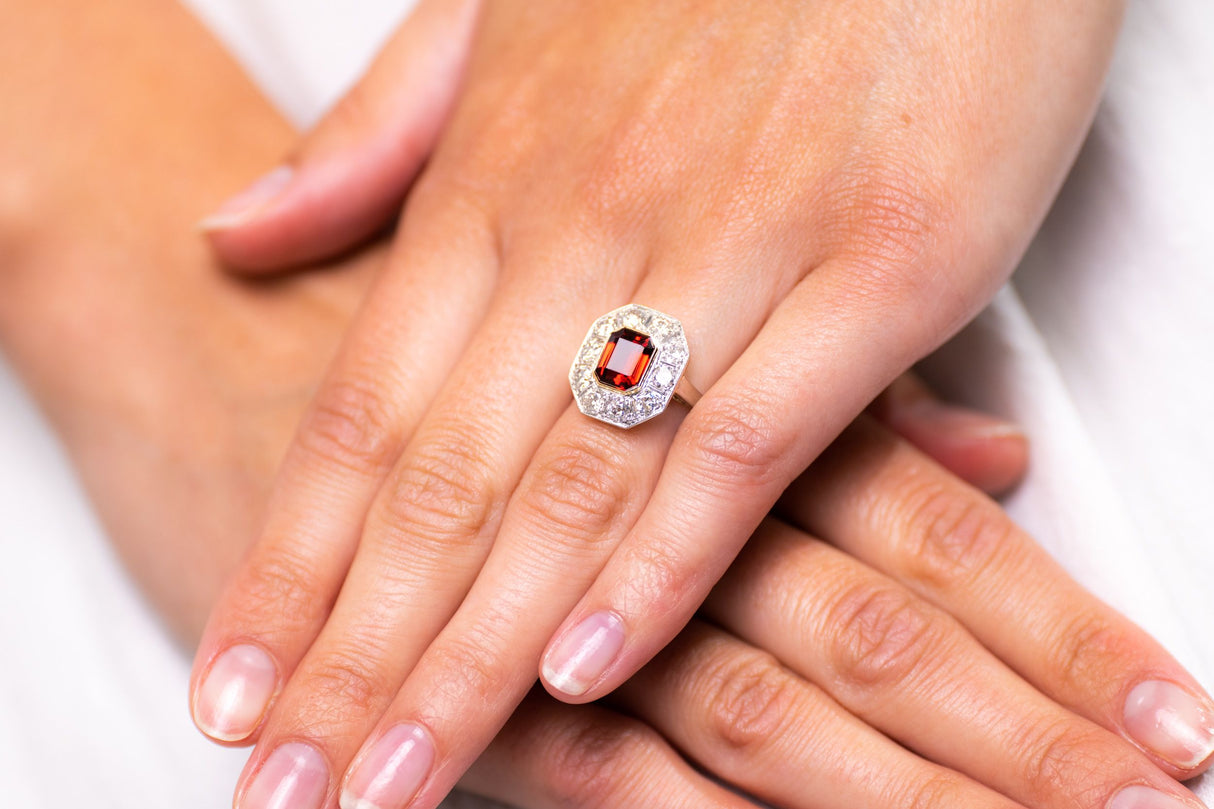 Antique Engagement Rings | Antique Ring Boutique | Vintage Engagement Rings | Antique Engagement Rings | Antique Jewellery company | Vintage Jewellery Art Deco, 18ct Gold, Platinum, Hessonite Garnet and Diamond Ring