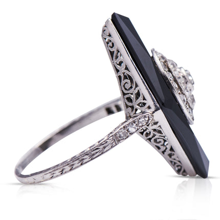 Art Deco, Platinum, Onyx and Diamond Kite-Shaped Cocktail Ring