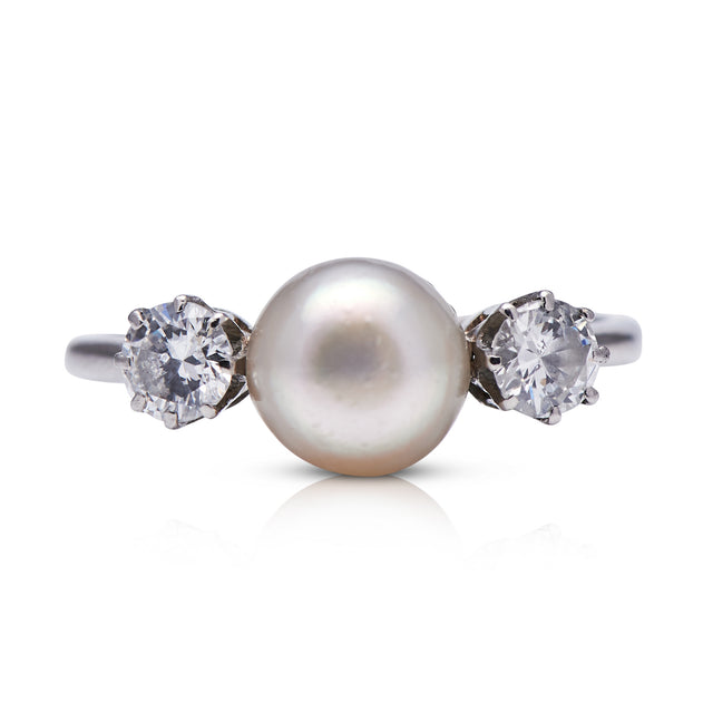Edwardian-Platinum-Natural-Pearl-Diamond-Three-Stone-Ring-Antique-Vintage