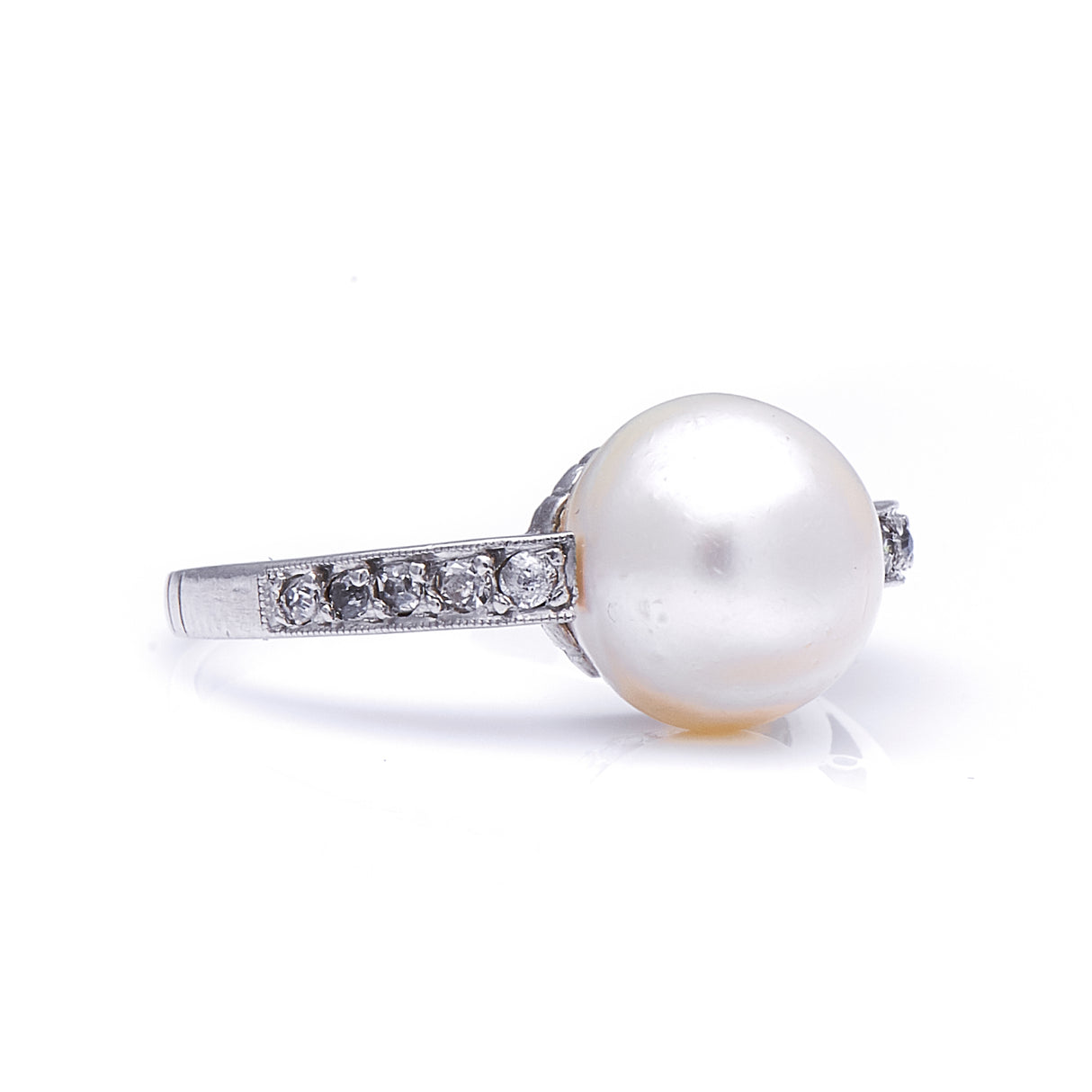 Antique Edwardian, platinum, natural pearl and diamond ring