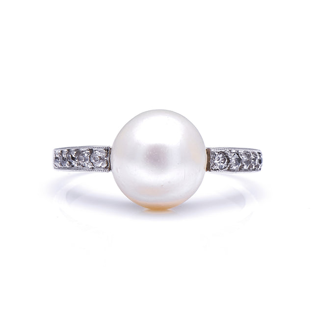 Antique Edwardian, Platinum, Natural Pearl and Diamond Ring