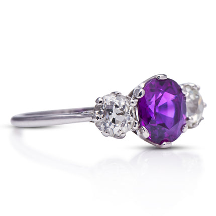 Art Deco, Purple Sapphire and Diamond Three-Stone Engagement Ring, Platinum