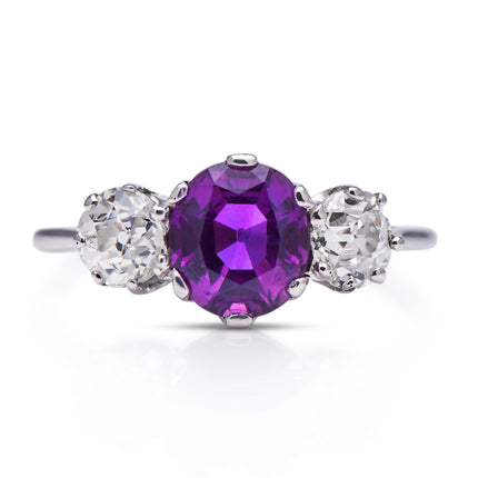Art Deco, Purple Sapphire and Diamond Three-Stone Engagement Ring, Platinum