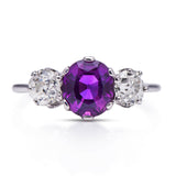 Art Deco, purple sapphire and diamond three-stone engagement ring, platinum