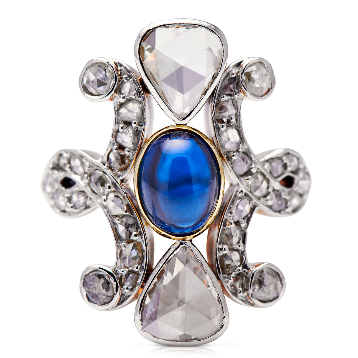 Belle-Époque-18-Carat-Gold-Cabochon-Sapphire-Rose-Cut-Ring-Diamond-Antique-Vintage