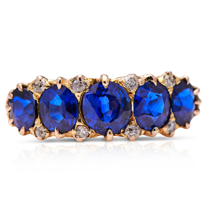 Victorian-18-Carat-Gold-Sapphire-Diamond-Five-Stone-Ring-Antique