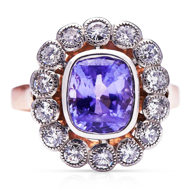 Antique, Art Deco, 18ct Rose Gold, French, Natural Colour-Change Sapphire and Diamond Cluster Ring
