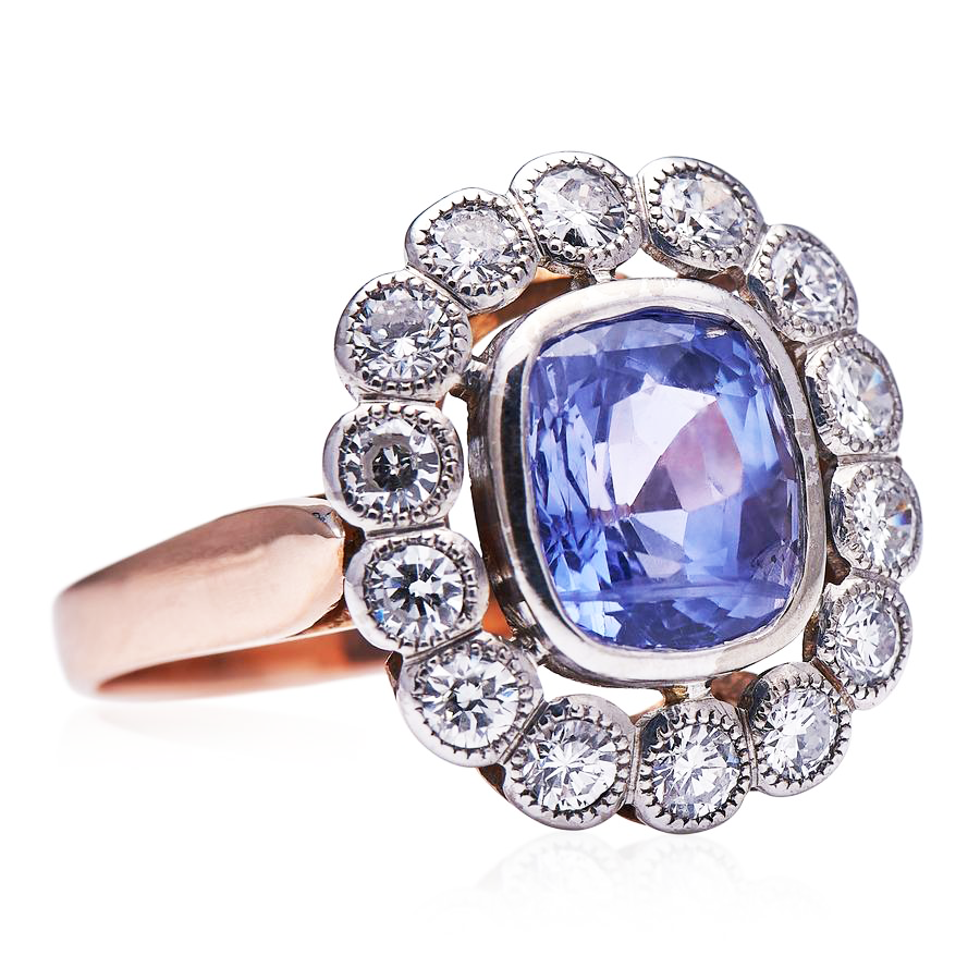 Antique, Art Deco, 18ct Rose Gold, French, Natural Colour-Change Sapphire and Diamond Cluster Ring