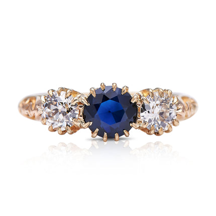 Edwardian-18-Carat-Gold-Sapphire-Diamond-Three-Stone-Ring-Antique-Vintage-Jewellery