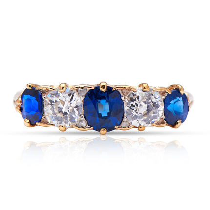 Victorian, 18ct Gold, Natural Sapphire and Diamond Five Stone Ring