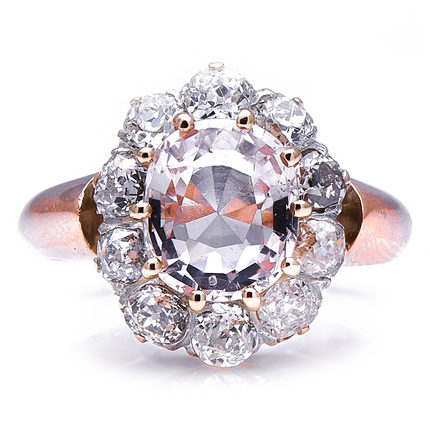 Antique Victorian, 18ct Gold, Peach Sapphire and Diamond Cluster Ring