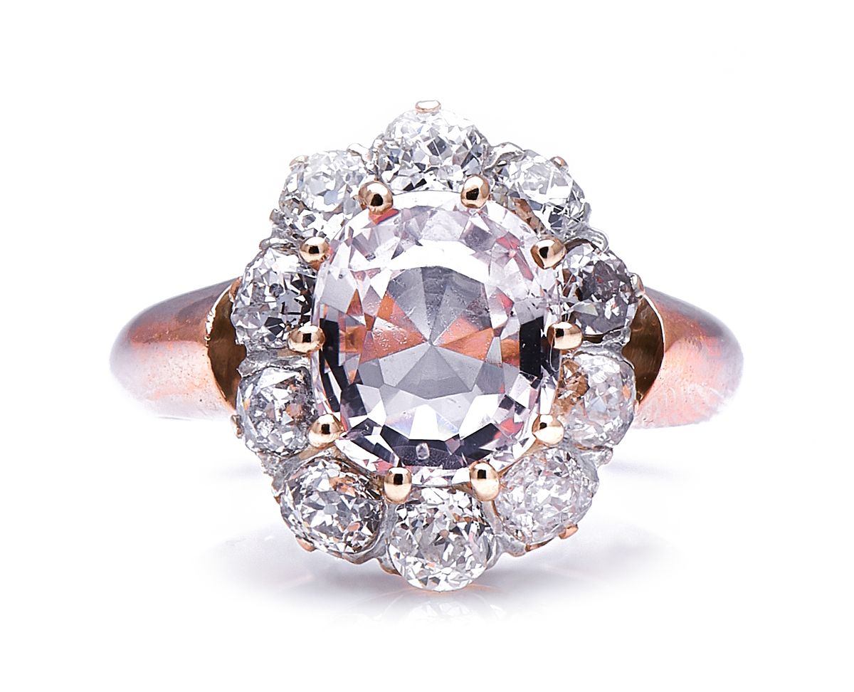 Antique Victorian, 18ct gold, peach sapphire and diamond cluster ring