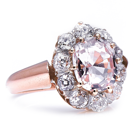 Antique Victorian, 18ct Gold, Peach Sapphire and Diamond Cluster Ring