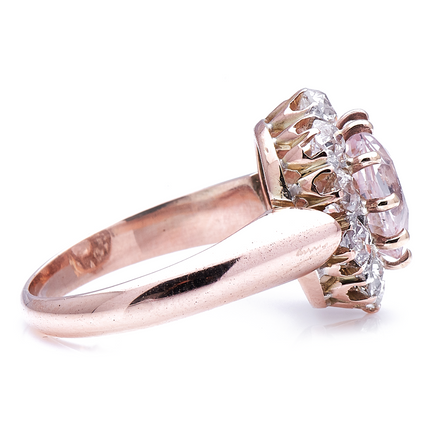 Antique Victorian, 18ct Gold, Peach Sapphire and Diamond Cluster Ring