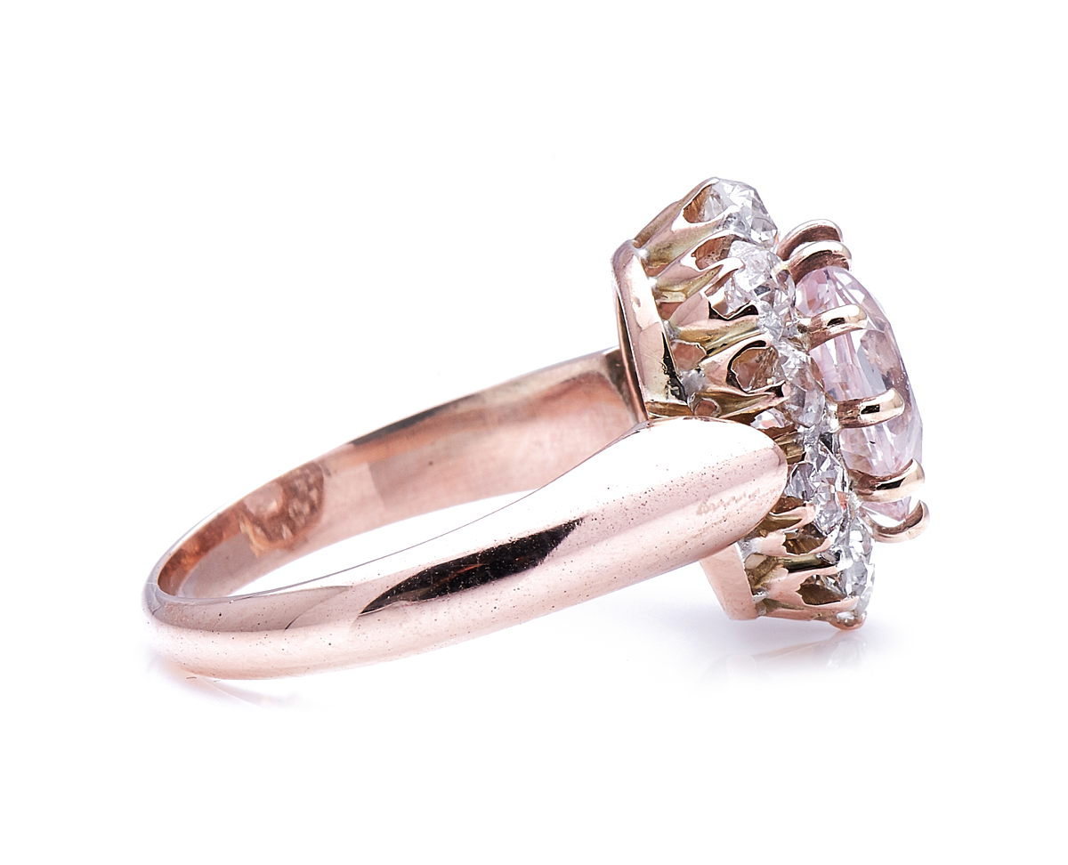 Antique Victorian, 18ct gold, peach sapphire and diamond cluster ring
