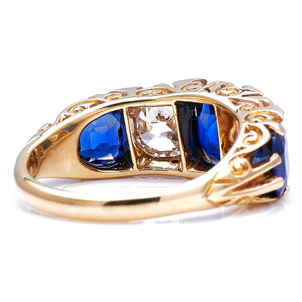 Antique Victorian, 18ct Yellow Gold, Sapphire and Diamond Five-Stone Ring