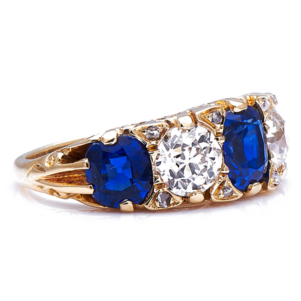 Antique Victorian, 18ct Yellow Gold, Sapphire and Diamond Five-Stone Ring