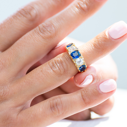 Antique Victorian, 18ct Yellow Gold, Sapphire and Diamond Five-Stone Ring