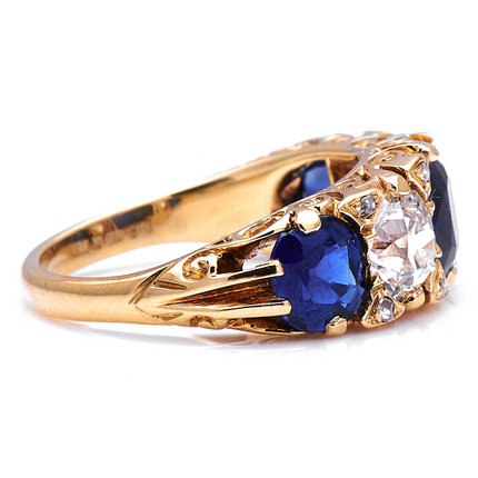 Antique Victorian, 18ct Yellow Gold, Sapphire and Diamond Five-Stone Ring