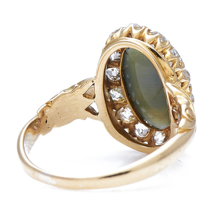 Antique Victorian, 18ct Gold, Cat's Eye and Diamond Cluster Ring