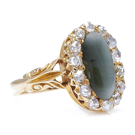 Antique Victorian, 18ct Gold, Cat's Eye and Diamond Cluster Ring
