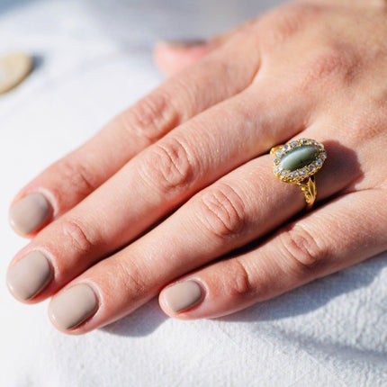 Antique Victorian, 18ct Gold, Cat's Eye and Diamond Cluster Ring