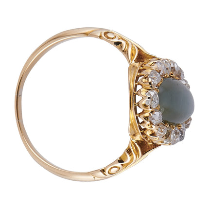 Antique Victorian, 18ct Gold, Cat's Eye and Diamond Cluster Ring