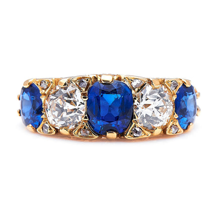 Antique Victorian, 18ct Yellow Gold, Sapphire and Diamond Five-Stone Ring