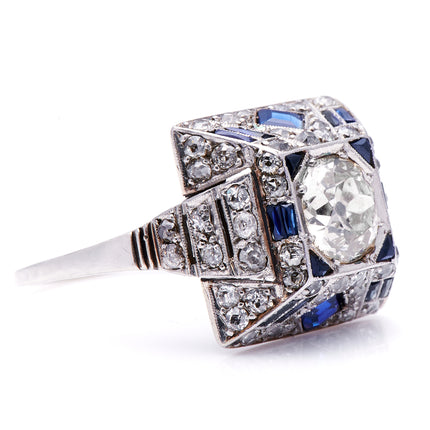Antique Vintage Art Deco, Platinum, Egyptian Revival Sapphire and Diamond Ring 2