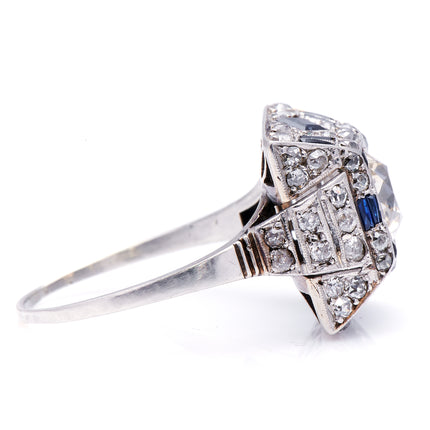 Antique Vintage Art Deco, Platinum, Egyptian Revival Sapphire and Diamond Ring 3