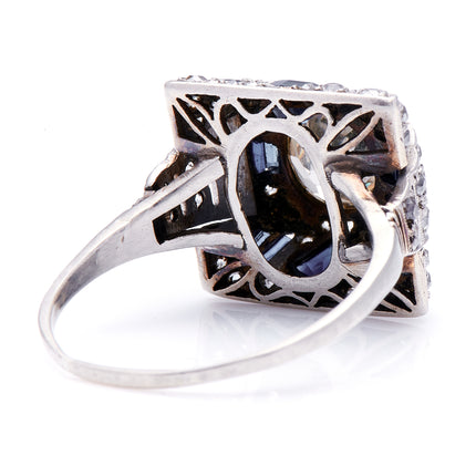 Antique Vintage Art Deco, Platinum, Egyptian Revival Sapphire and Diamond Ring 6