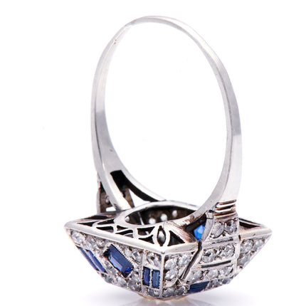 Antique Vintage Art Deco, Platinum, Egyptian Revival Sapphire and Diamond Ring 4