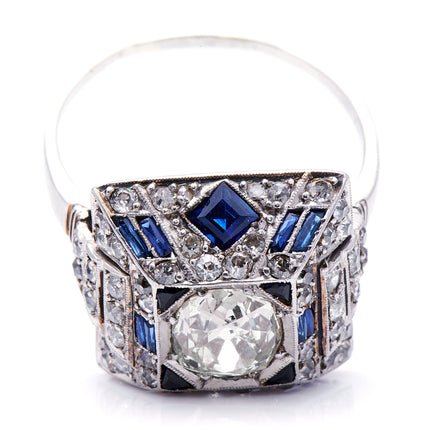 Antique Vintage Art Deco, Platinum, Egyptian Revival Sapphire and Diamond Ring 5