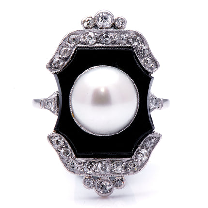 Art Deco, Platinum, Onyx, Pearl and Diamond Ring