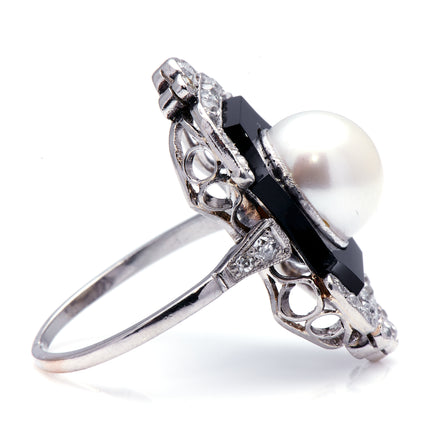 Art Deco, Platinum, Onyx, Pearl and Diamond Ring