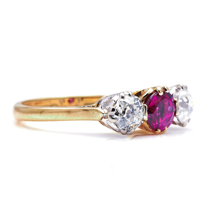 Antique Vintage Ruby and Diamond Three-Stone Engagement Ring