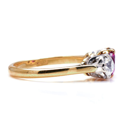 Antique Vintage Ruby and Diamond Three-Stone Engagement Ring