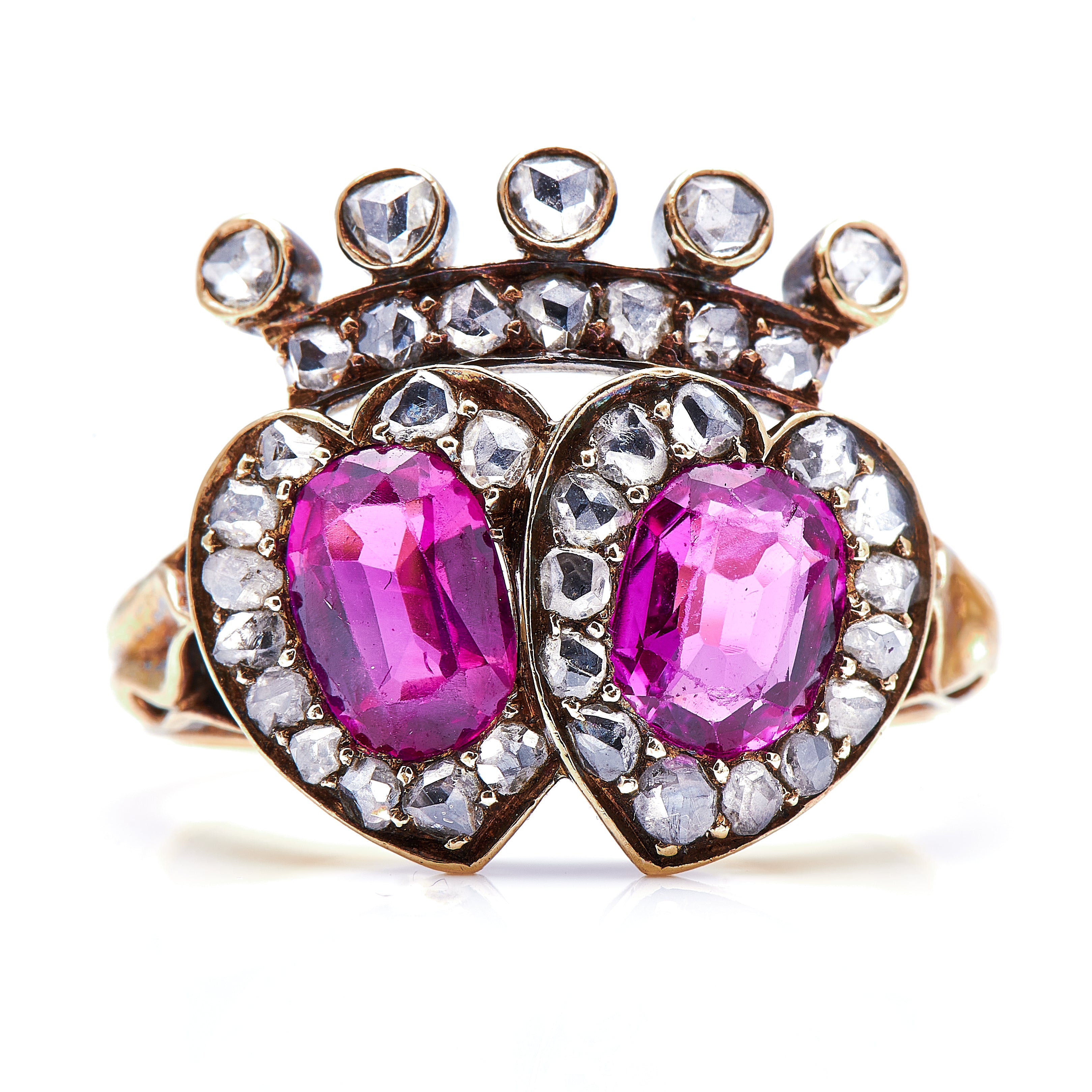 Victorian Burmese Pink Sapphire Double Heart Ring 18ct Yellow