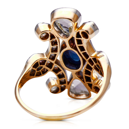 Belle Époque, 18ct Gold, Cabochon Sapphire and Rose-Cut Diamond Ring
