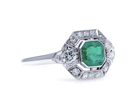 Antique, Art Deco, platinum, 18ct white gold, emerald and diamond cluster ring