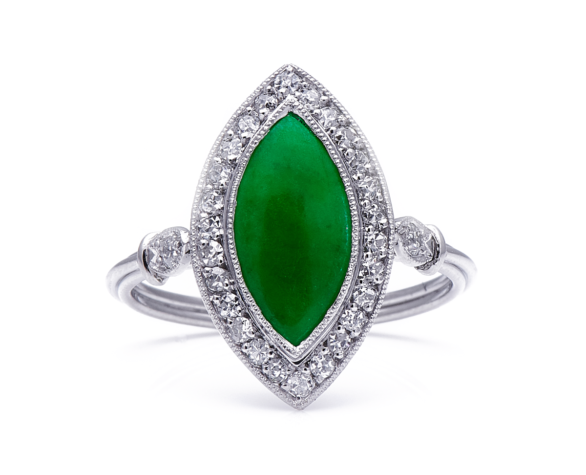 Antique, Art Deco, Platinum, Natural Jade and Diamond Cluster Ring