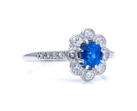 Antique, Art Deco, platinum, sapphire and diamond cluster ring