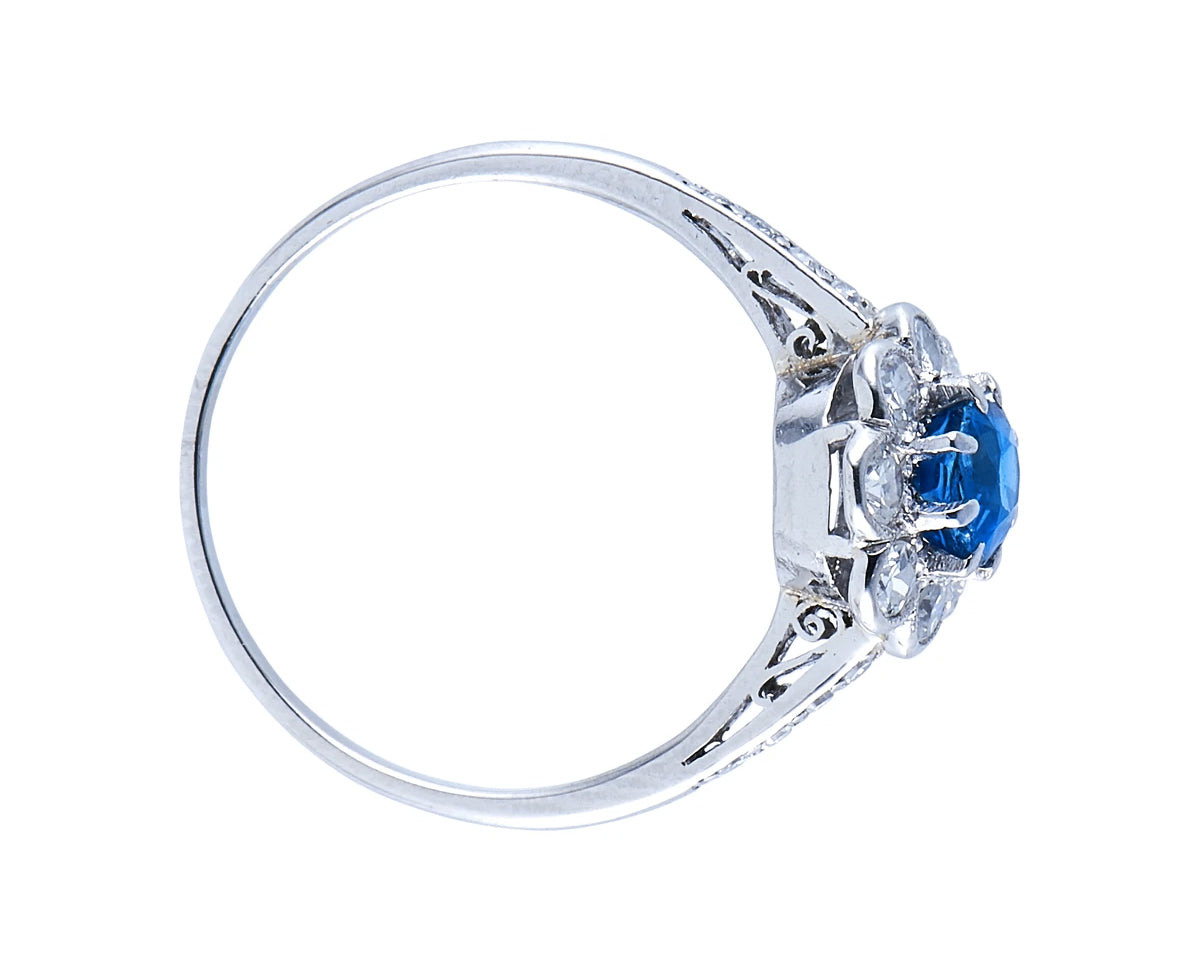 Antique, Art Deco, Platinum, Sapphire and Diamond Cluster Ring