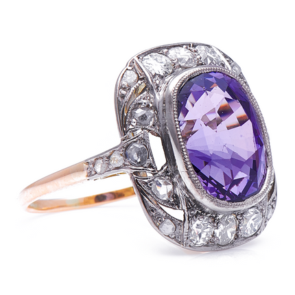 Belle Époque Lavender Purple Spinel and Diamond Cluster Ring, 18ct Yellow Gold