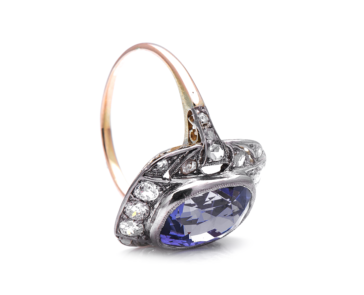 Belle Époque lavender purple spinel and diamond cluster ring, 18ct yellow gold
