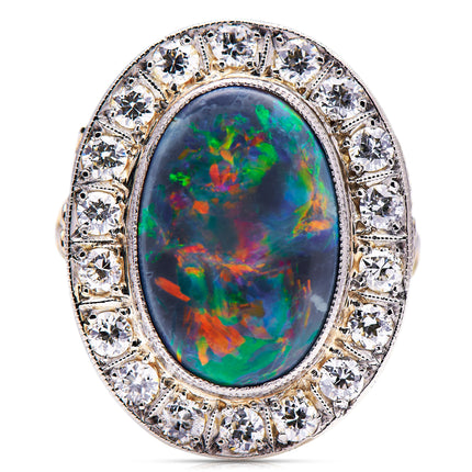 Black-Opal-Platinum-Gold-Diamonds-Cluster-Oval-Art-Deco-1920s-Extravagant-Jewellery-Vintage